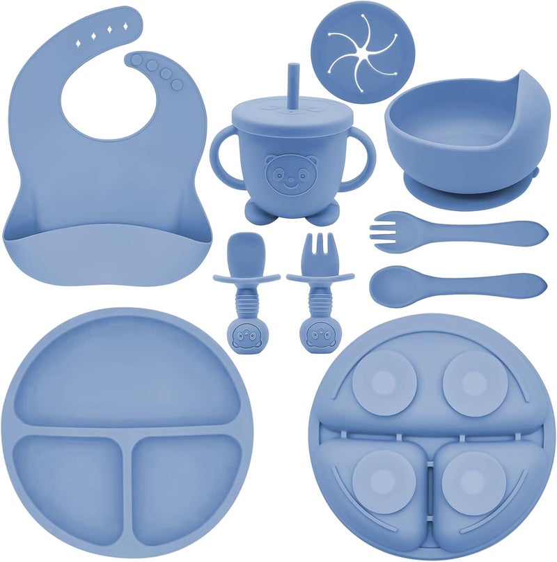 Munlinder Silicone Baby Feeding Set | Baby Led Weaning Supplies Includes Suction Bowls and Divided Plates, Adjustable Bib, Baby Utensils Spoons and Forks,Cup | Baby Feeding Essentials (Deep Blue) - Image 1